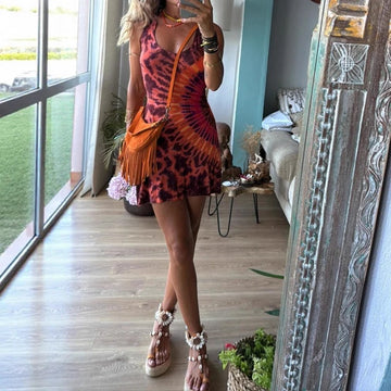 MQTIME  -  Women Elegant O-neck Sleeveless Slim Fit Mini Dress Fashion Pattern Print Party Dress Sexy Backless Crossover Bodycon Vest Dress